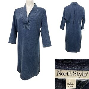 NorthStyle dress sz L Blue chambray Denim V-Neck 3/4 sleeve knee length